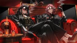 2girls ahoge alternate_costume animal_ear_fluff animal_ears black_hair black_jacket black_pants black_shirt black_suit black_vest blue_eyes braid cigarette collared_shirt commentary_request copyright_notice copyright_request couch crossed_legs dark_persona double-parted_bangs earrings extra_ears finger_on_trigger formal_clothes fox_ears fox_girl fox_tail gloves gun hair_between_eyes handgun head_wings holding holding_cigarette holding_gun holding_weapon hololive indoors ishihara_(kuniyoshi) jacket jacket_on_shoulders jewelry kurokami_fubuki long_hair looking_at_viewer lui-tomo mouth_hold multiple_girls necktie official_art on_couch pant_suit pants pentagram pink_hair pink_wings pinstripe_pattern pinstripe_vest print_shirt red-tinted_eyewear red_eyes red_hair round_eyewear shirt shirt_tucked_in side_braid sitting smoke smoke_trail suit suit_jacket sukonbu_(shirakami_fubuki) sunglasses tail takane_lui tinted_eyewear vest virtual_youtuber weapon wings