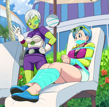 2girls absurdres bdsm black_bra blue_eyes blue_hair blush bondage bound bound_arms bound_legs bound_wrists bra breasts bulma cheelai cleavage colored_skin dragon_ball dragon_ball_super dragon_ball_super_broly gag gagged glasses_on_head green_skin grey_hair hand_on_own_hip highres improvised_gag jacket jewelry large_breasts legs lost_one_zero matching_hair/eyes mature_female medium_breasts multiple_girls necklace one_eye_closed open_clothes open_jacket purple_eyes scouter shorts sweat tape tape_gag thighs underwear white_shorts wink