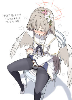 1girl absurdres black_pantyhose blue_archive breasts brown_eyes brown_hair capelet chair clothed_masturbation dress feathered_wings female_masturbation flower gosyamadaiji hair_flower hair_ornament halo hand_in_own_panties high_heels highres long_hair long_sleeves low_wings masturbation nagisa_(blue_archive) on_chair panties panties_under_pantyhose pantyhose pink_flower pink_halo sitting small_breasts solo spread_legs thighband_pantyhose underwear very_long_hair white_capelet white_dress white_flower white_wings wings