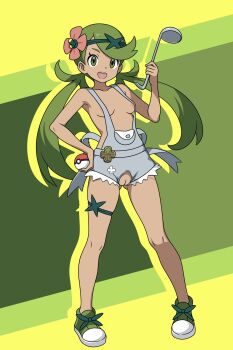 1girl :d absurdres adapted_costume areola_slip breasts clothing_cutout crotch_cutout dark-skinned_female dark_skin female_focus flower full_body functionally_nude green_background green_eyes green_hair hair_flower hair_ornament hand_on_own_hip highres holding holding_ladle holding_poke_ball hoshi_wo_miru ladle long_hair looking_at_viewer mallow_(pokemon) matching_hair/eyes nintendo no_panties no_shirt open_mouth overalls poke_ball poke_ball_(basic) pokemon pokemon_sm pussy shoes simple_background small_breasts smile solo standing teeth twintails upper_teeth_only very_long_hair yellow_background