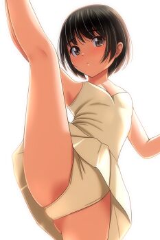 1girl absurdres black_hair brown_eyes closed_mouth commentary_request highres kneepits looking_at_viewer matsunaga_kouyou original panties short_hair simple_background solo split standing standing_on_one_leg standing_split underwear white_background