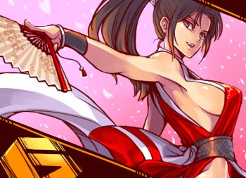 Rule 34 | 1girl, akihidekawa kobaya, armpits, breasts, brown eyes, brown hair, commentary request, female focus, gradient background, hand fan, highleg, holding, holding fan, large breasts, long hair, looking at viewer, matching hair/eyes, ninja, no bra, open mouth, pink background, ponytail, print fan, revealing clothes, revision, shiranui mai, sideboob, smile, solo, street fighter, street fighter 6, upper body