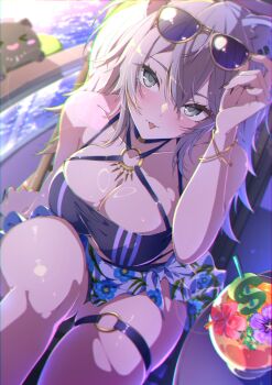1girl adjusting_eyewear alternate_costume animal_ear_piercing animal_ears bikini black_bikini black_nails blush bracelet breasts cleavage collarbone commentary_request drink drinking_straw floral_print flower grey_eyes grey_hair hibiscus highres hololive jewelry large_breasts lion_ears long_hair looking_at_viewer mashiron_(mashiron8) pink_flower purple_flower shishiro_botan skindentation solo ssrb_(shishiro_botan) sunglasses swimsuit thick_thighs thigh_strap thighs virtual_youtuber yellow-framed_eyewear