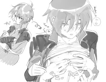 1boy 1other blush clothes_lift crossed_arms greyscale gundam gundam_seed gundam_seed_destiny hair_between_eyes high_collar highres looking_up monochrome multiple_views nipple_stimulation shinn_asuka shirt_lift short_hair simple_background sketch tokumei_wombat upper_body white_background