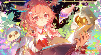 1girl aqua_wings artist_name book chinese_commentary closed_mouth commentary_request crossed_bangs detached_sleeves genshin_impact hair_between_eyes hair_ornament hairpin head_wings highres holding holding_book leaf linnea_(genshin_impact) long_sleeves lumi_(genshin_impact) moehikaru multicolored_wings open_book pink_eyes pink_hair pink_wings pointy_ears smile stuffed_animal stuffed_toy wing_hair_ornament wings