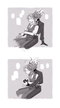 Rule 34 | +++, 1boy, 1other, 2koma, absurdres, ahoge, alternate costume, arm support, arthropod limbs, beard stubble, belt, black gloves, border, breast pocket, buckle, clock, closed eyes, collared shirt, comic, dante (limbus company), dngrumauma, dress shirt, facial hair, fingernails, fire, formal clothes, from side, glasses, gloves, gregor (project moon), grey background, greyscale, half-closed eyes, highres, holding hands, hug, hug from behind, id card, implied yaoi, invisible chair, limbus company, long hair, long sleeves, looking at another, looking at hand, looking back, looking down, low ponytail, makeup, male focus, monochrome, motion lines, nail polish, nails, name tag, necktie, object head, open mouth, painting nails, pants, parted bangs, parted lips, pocket, ponytail, pouch, project moon, prosthetic head, semi-rimless eyewear, shirt, silent comic, simple background, sitting, sitting on lap, sitting on person, sleeves rolled up, smile, speech bubble, stubble, suit, teeth, under-rim eyewear, upper teeth only, vest, white border