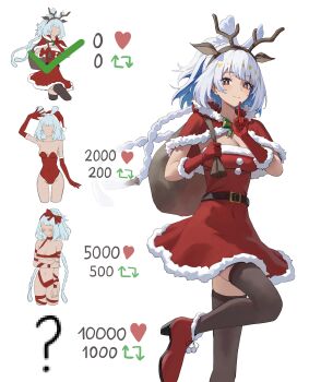 1girl absurdres alternate_costume antlers belt belt_buckle black_thighhighs blue_hair boots braid breasts buckle capelet checkmark closed_mouth colored_inner_hair commentary dress elbow_gloves english_commentary fake_antlers finger_to_mouth fish-shaped_pupils fur-trimmed_boots fur-trimmed_capelet fur-trimmed_dress fur-trimmed_gloves fur_trim genshin_impact gloves highres holding holding_sack horns leg_up like_and_retweet llami_0 long_hair looking_at_viewer medium_breasts mualani_(genshin_impact) multicolored_hair red_boots red_capelet red_dress red_eyes red_gloves reindeer_antlers sack santa_costume santa_dress shushing smile solo standing standing_on_one_leg symbol-shaped_pupils thighhighs twin_braids twitter_strip_game white_background white_hair