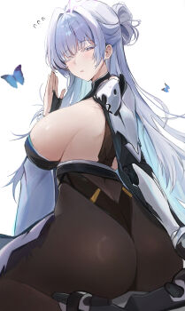 1girl aqua_eyes ass bare_shoulders blue_hair blush bodysuit breasts bug butterfly from_behind goddess_of_victory:_nikke hair_bun huge_ass insect large_breasts long_hair looking_at_viewer one_eye_closed pantyhose parted_lips rimmon sideboob sitting solo thick_thighs thighs very_long_hair wariza