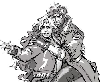 1boy 1girl coat earrings gambit greyscale hand_around_waist hand_on_another&#039;s_shoulder highres hoop_earrings isa_anartist jewelry marvel marvel_rivals monochrome multicolored_hair protecting rogue_(x-men) superhero_costume trench_coat two-tone_hair x-men zentai