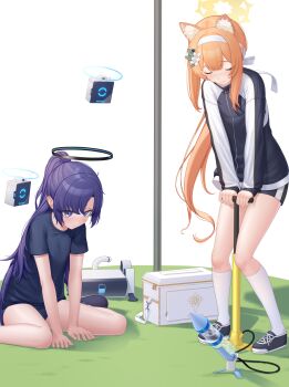 2girls absurdres animal_ear_fluff animal_ears blue_archive blue_eyes blue_footwear blue_hair blue_jacket blue_shirt blue_shorts bottle_rocket closed_eyes commentary cyelho drone fox_ears grass gym_shirt gym_shorts gym_uniform hair_intakes hair_ribbon halo headband highres jacket long_hair mari_(blue_archive) mari_(track)_(blue_archive) mechanical_halo multiple_girls official_alternate_costume orange_hair ponytail pump ribbon shirt shoes shorts sitting sneakers socks standing star_(symbol) star_sticker sticker sticker_on_face wariza white_ribbon white_socks yuuka_(blue_archive) yuuka_(track)_(blue_archive)