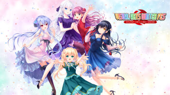 2023 5girls :d ;) alternate_costume bare_arms bare_shoulders black_bow black_footwear black_hair black_thighhighs blonde_hair blue_dress blue_eyes blue_hair blush bone_hair_ornament bow braid braided_bun breasts butterfly_hair_ornament cleavage closed_mouth collarbone comiket_103 commentary company_name confetti cowboy_shot dated dress flat_chest floating_hair flower foot_out_of_frame formal_clothes french_braid frilled_dress frills green_dress green_eyes grey_eyes hair_between_eyes hair_bow hair_bun hair_flower hair_intakes hair_ornament half_updo hand_up happy high_heels highres holding_hands izumi_tsubasu katou_umi knee_up kushima_kamome large_breasts long_hair long_sleeves looking_at_viewer multicolored_background multiple_girls na-ga nagayama_yuunon naruse_shiroha neck_ribbon no_bra no_socks official_art one_eye_closed open_hand open_mouth outstretched_arm outstretched_arms pastel_colors pink_flower purple_dress purple_hair red_dress red_eyes red_flower red_rose ribbon rose short_sleeves sidelocks simple_background single_hair_bun single_thighhigh skirt_hold skull_and_crossbones skull_hair_ornament sleeveless sleeveless_dress small_breasts smile sorakado_ao standing summer_pockets thighhighs tsumugi_wenders twintails very_long_hair waving white_hair white_ribbon x_hair_ornament yellow_eyes yellow_flower