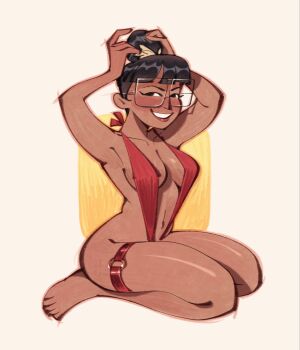 1girl arms_up barefoot belt bikini black_hair breasts center_opening collarbone commentary dark-skinned_female dark_skin english_commentary feet friedbaens from_side full_body glasses hair_bun highres looking_at_viewer navel original rectangular_eyewear red_bikini seiza sitting smile solo swimsuit thigh_belt thigh_strap toes