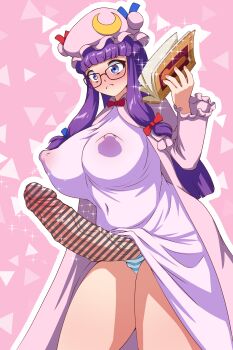 Rule 34 | 1futa, absurdres, arm up, bar censor, blue bow, blue panties, blush, book, bow, bowtie, breasts, censored, closed mouth, clothes lift, commentary, cowboy shot, crescent, crescent hat ornament, double bun, dress, dress lift, english commentary, english text, frilled sleeves, frills, frown, futanari, glasses, hair bow, hair bun, hat, hat bow, hat ornament, highres, holding, holding book, huge breasts, huge penis, jacket, long hair, long sleeves, low-tied sidelocks, mob cap, nose blush, otocai, outline, panties, patchouli knowledge, penis, penis in panties, pink background, pink hat, pink jacket, puffy nipples, purple dress, purple eyes, purple hair, raised inner eyebrows, red bow, red bowtie, sidelocks, sparkle, split mouth, striped clothes, striped panties, touhou, triangle, underwear, veins, veiny penis, white outline
