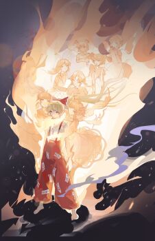 6+girls arms_at_sides barefoot black_background bow capybara_(trafficcone09) ex-keine fire fujiwara_no_mokou hair_bow highres horns houraisan_kaguya imperishable_night kamishirasawa_keine multiple_girls mystia_lorelei ofuda ofuda_on_clothes pants red_eyes red_pants reisen_udongein_inaba short_hair smoke standing suspenders torn_clothes torn_sleeves touhou white_bow white_hair wriggle_nightbug yagokoro_eirin