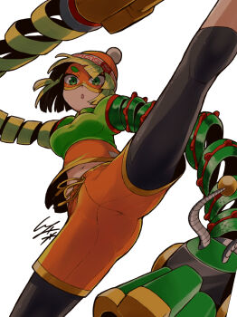 1girl arms_(game) beanie blonde_hair blunt_bangs bob_cut breasts colored_extremities commentary_request domino_mask dragon_(arms) extendable_limbs eye_mask eyebrows_visible_through_mask from_below green_eyes hat io_naomichi kicking knit_hat leggings leggings_under_shorts mask meandros midriff_peek min_min_(arms) orange_hat orange_shirt orange_shorts shirt short_hair shorts solo white_background