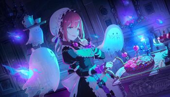 Rule 34 | . ., 1girl, apple, apple ornament, apron, aqua eyes, back bow, bib collar, black bow, black bowtie, black dress, blue fire, blue light, bow, bowtie, breasts, brown hair, buttons, cake stand, candle, candy apple, collared dress, colorful palette, cross-laced clothes, cross-laced dress, cup, cupcake, dot nose, dress, finger to mouth, fire, flower, food, food with face, frilled apron, frilled sleeves, frilled wristband, frills, fruit, game cg, ghost, hair bun, hat, highres, holding, holding tray, index finger raised, indoors, layered sleeves, leaf, looking at viewer, maid apron, medium breasts, mirror, mob cap, mochizuki honami, multicolored eyes, official alternate costume, official alternate hairstyle, official art, open mouth, parted lips, pie, pink light, plate, project sekai, purple eyes, purple fire, red flower, red rose, rose, solo, standing, star (symbol), tea set, teacup, teapot, third-party source, tray, two-tone eyes, vase, white apron, white bow, wonderhorror~!? na kimodameshi! (project sekai)