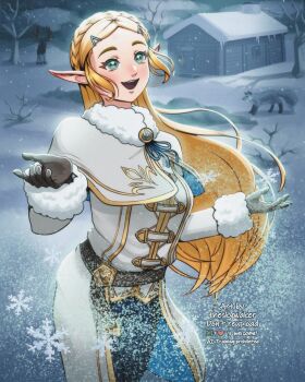 1girl artist_name black_gloves black_pants blonde_hair braid breasts capelet coat cowboy_shot crown_braid fur-trimmed_capelet fur-trimmed_coat fur_trim gloves gold_trim grey_eyes hair_ornament hairclip highres long_hair medium_breasts nintendo official_alternate_costume open_mouth outdoors pants parted_bangs princess_zelda sidelocks smile snow snowflakes snowquill_set_(zelda) solo the_legend_of_zelda the_legend_of_zelda:_breath_of_the_wild theskywaker white_capelet white_coat winter