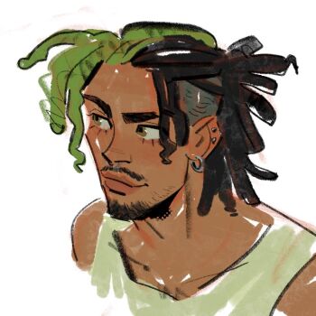 1boy alternate_hairstyle antonio_leon_mars_(skcd_loen) black_hair closed_mouth commentary cropped_shoulders ear_piercing english_commentary facial_hair goatee green_eyes green_hair half_updo light_smile looking_to_the_side mullet multicolored_hair mustache original piercing ring_piercing silver_piercing simple_background skcd_loen sketch split-color_hair stubble tank_top two-tone_hair undercut white_background white_tank_top