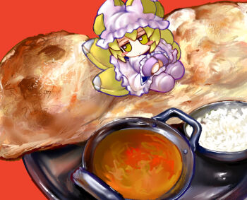 Rule 34 | 1girl, blonde hair, blush stickers, bowl, bread, curry, dress, food, food focus, fox tail, frilled dress, frills, fumo (doll), hat, highres, mini person, minigirl, mob cap, multiple tails, on food, rice, rusuban (yakumora n), sitting, solo, tail, touhou, yakumo ran, yellow eyes