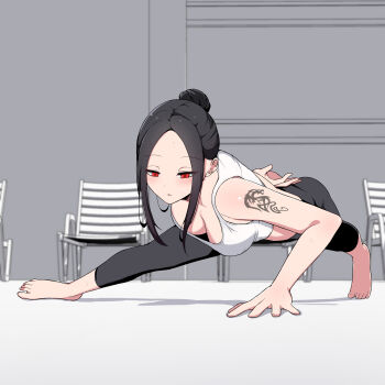 1girl 3d_background absurdres arm_behind_back arm_tattoo barefoot black_hair breasts capri_pants chair cleavage commentary_request crop_top downblouse exercising hair_bun highres indoors korean_commentary long_hair medium_breasts midriff pants push-ups red_eyes shadow shirt shoulder_tattoo solo sweat tattoo the_secret_of_my_next_classmate uihyeon_chae white_shirt yoga_pants yoo_jae-kyung