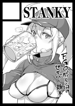 1girl ahoge artoria_pendragon_(fate) baseball_cap bikini breasts circle_cut commentary_request cum cup drinking fate/grand_order fate_(series) gokkun greyscale hair_through_headwear hat holding holding_cup large_breasts monochrome mysterious_heroine_xx_(fate) ponytail shrug_(clothing) smell solo swimsuit translation_request upper_body yozo_(stanky)