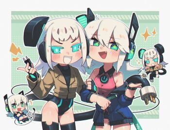 2girls :d aqua_eyes aqua_nails bare_shoulders black_gloves black_leotard blush borrowed_character brown_jacket chibi chibi_inset colored_eyelashes commentary cowboy_shot digitan_(porforever) electric_plug electric_plug_tail english_commentary fang fingerless_gloves gloves green_background hair_between_eyes highleg highleg_leotard highres holding_another&#039;s_tail jacket leotard lightning_bolt_symbol long_hair long_sleeves looking_at_viewer multiple_girls nail_polish off_shoulder open_clothes open_jacket open_mouth original outline porforever power_symbol robot_ears robot_girl shirt simple_background sleeveless sleeveless_shirt smile sparkle star-shaped_pupils star_(symbol) symbol-shaped_pupils tail watch white_hair white_outline wristwatch