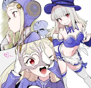 bare_shoulders blonde_hair breasts detached_sleeves dress escoffion frills gloves hairpods hat highres ingrid_(capcom) ingrid_(midnight_bliss)_(capcom) long_hair looking_at_viewer midriff monoid_(street_fighter) navel ocha_(popopogg) open_mouth panties red_eyes ribbon skirt smile solo street_fighter street_fighter_6 thighhighs top_hat underwear white_gloves white_hair white_thighhighs