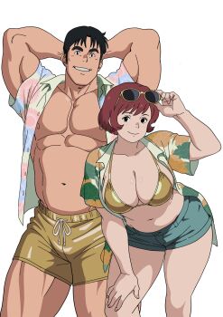1boy 1girl absurdres aqua_shorts arms_behind_back bara bare_pectorals bent_over bikini bikini_top_only black_eyes black_hair breasts commentary_request eyewear_lift eyewear_on_head floral_print fukuo_(majo_no_takkyuubin) futoshi_slim gold_bikini gold_male_swimwear hand_on_own_knee hawaiian_shirt highres husband_and_wife large_breasts large_pectorals majo_no_takkyuubin male_swimwear muffin_top muscular muscular_male navel open_clothes open_shirt osono_(majo_no_takkyuubin) pectorals plump red_hair shirt short_hair short_shorts shorts sunglasses swim_trunks swimsuit