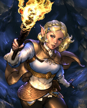 1girl black_gloves blonde_hair blue_eyes blue_shirt braid brown_capelet brown_pants capelet cave cowboy_shot crown_braid earrings fingerless_gloves fire gloves hair_ornament hairclip highres holding holding_torch jewelry looking_at_viewer nintendo pants parted_bangs parted_lips pointy_ears princess_zelda shirt short_hair solo studystudiomax the_legend_of_zelda the_legend_of_zelda:_breath_of_the_wild torch v-shaped_eyebrows