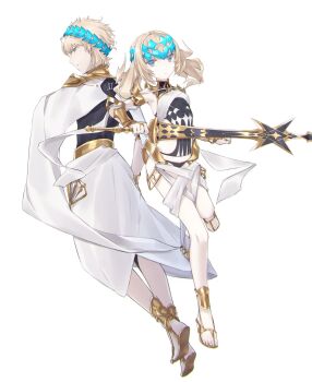 1boy 1girl anklet armlet black_shirt blonde_hair blue_eyes bracer breasts brother_and_sister castor_(fate) collar fate/grand_order fate_(series) full_body halterneck highres jewelry laurel_crown long_sleeves looking_at_viewer looking_back medium_hair metal_collar pollux_(fate) robe sandals shirt short_hair siblings small_breasts solo sword weapon white_robe yubeshi_(zecxl)