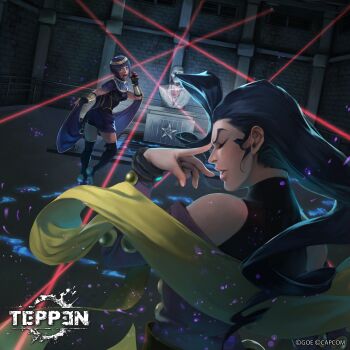 2girls beads blue_hair bracelet capcom chest_jewel dark-skinned_female dark_skin egyptian footprints frustrated gem gold highres jewelry laser long_hair menat multiple_girls official_art panicking prayer_beads purple_hair rose_(street_fighter) scarf shiyuu_(shiyu) short_hair shorts sleeveless statue street_fighter street_fighter_v teppen tiara