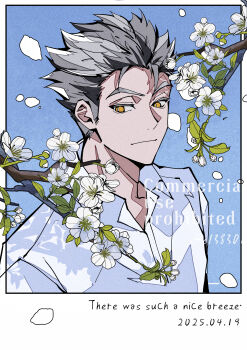 Rule 34 | 1boy, absurdres, black hair, bokuto koutarou, c138300, closed mouth, collared shirt, commentary, dated, english text, flower request, grey hair, haikyuu!!, highres, male focus, multicolored hair, petals, polaroid photo, shirt, short hair, solo, symbol-only commentary, twitter username, two-tone hair, upper body, watermark, white shirt, yellow eyes