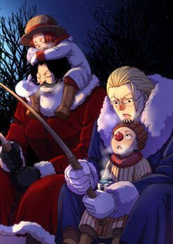 black_eyes black_gloves black_hair blonde_hair blue_coat blue_hair breath buggy_the_clown child closed_eyes clown_nose coat facial_hair fishing fishing_rod fur-trimmed_coat fur_trim gloves goatee gol_d._roger hat highres holding holding_fishing_rod musasabiop mustache night one_piece open_mouth red_coat red_hair red_nose shanks_(one_piece) short_hair silvers_rayleigh sitting sitting_on_person sky straw_hat thick_mustache tree white_gloves winter
