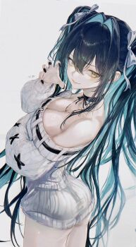 1girl absurdres aqua_hair back_cutout black_choker black_hair breasts choker claw_pose cleavage clothing_cutout colored_inner_hair dress goddess_of_victory:_nikke hair_between_eyes highres little_mermaid_(nikke) long_hair multicolored_hair renoahh simple_background solo strapless strapless_dress white_background white_dress yellow_eyes