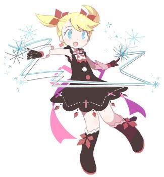 Rule 34 | 1girl, alternate costume, ana (mother), black boots, black dress, black gloves, blonde hair, blue eyes, boots, casting spell, commentary, cross, cross earrings, cryokinesis, dress, earrings, english commentary, full body, gloves, highres, jewelry, magical girl, mother (series), mother 1, nintendo, open mouth, solo, tanba (tanba-art), twintails, white background