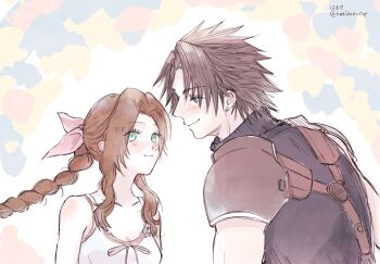 1boy 1girl aerith_gainsborough armor bare_shoulders black_hair blue_eyes blush braid braided_ponytail brown_hair collarbone commentary_request crisis_core:_final_fantasy_vii dress earrings final_fantasy final_fantasy_vii green_eyes hair_ribbon hatidoricrisp highres jewelry long_hair looking_at_another parted_bangs pink_ribbon ribbon short_hair shoulder_armor sleeveless sleeveless_dress sleeveless_turtleneck smile spiked_hair stud_earrings suspenders sweater turtleneck turtleneck_sweater twitter_username upper_body zack_fair