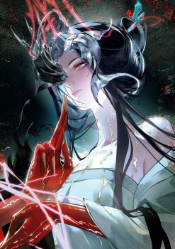 Rule 34 | 1girl, absurdres, bare shoulders, black hair, body markings, character request, chinese hairpin, collarbone, colored extremities, commentary request, dress, expressionless, fingernails, fish, forehead, goldfish, green dress, hair ornament, hairpin, heziqun, highres, looking ahead, off shoulder, one eye covered, path to nowhere, qingci, red hands, sharp fingernails, solo, updo, upper body