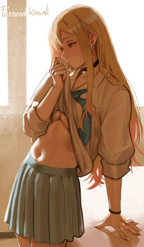 1girl absurdres blonde_hair breasts choker closed_mouth clothes_lift earrings gradient_hair grey_skirt highres jewelry kirani kitagawa_marin lifting_own_clothes long_hair multicolored_hair navel patreon_username pink_hair red_eyes shirt shirt_lift skirt solo sono_bisque_doll_wa_koi_wo_suru underboob white_shirt wiping_with_clothes