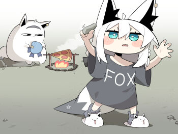 :3 :d absurdres ahoge animal_ears animal_slippers aqua_eyes blush_stickers campfire chibi cocomayo29_(tomato) commentary_request cooking fang fanning food fox_ears fox_girl fox_tail fubuzilla_(shirakami_fubuki) grey_socks hair_between_eyes hands_up highres holding holding_rock hololive open_mouth oversized_clothes pizza roasting rock shirakami_fubuki shirt sitting slippers smile smoke socks t-shirt tail virtual_youtuber white_hair wide_oval_eyes