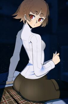 1girl absurdres arm_support ass black_pantyhose braid breasts brown_hair checkered_clothes checkered_skirt commentary crown_braid english_commentary from_behind from_side gjh highres holding long_sleeves looking_at_viewer looking_to_the_side niijima_makoto no_pants pantyhose persona persona_5 red_eyes school_uniform short_hair shuujin_academy_school_uniform sitting skirt solo sweater turtleneck turtleneck_sweater unworn_skirt white_sweater