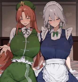 258n 2girls alternate_breast_size_(larger) apron beret blue_eyes blush bow bowtie braid breasts collared_shirt dress gloves green_bow green_bowtie green_eyes green_hat green_skirt green_vest grey_hair hair_bow hat hat_ornament highres hong_meiling huge_breasts izayoi_sakuya long_hair maid maid_headdress multiple_girls neck_ribbon open_mouth pinafore_dress red_hair ribbon shirt short_sleeves sitting skirt sleeveless sleeveless_dress smile star_(symbol) star_hat_ornament touhou twin_braids very_long_hair vest waist_apron white_gloves white_shirt