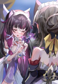 Rule 34 | 2girls, animal ears, bare shoulders, black hair, black sleeves, blush, braid, bun with braided base, candy, candy cane, cane, choker, chuuna (unagiunazy), closed eyes, columbina (genshin impact), commentary request, detached sleeves, dress, fake animal ears, feathered wings, food, frilled hairband, frills, genshin impact, hair ribbon, hairband, head wings, highres, holding, holding cane, holding food, multiple girls, open mouth, pink hair, ribbon, sandrone (genshin impact), sidelocks, strapless, strapless dress, white choker, white mask, white ribbon, wings, yuri