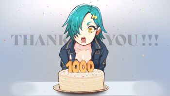 1girl :o arms_at_sides black_jacket blue_hair blush breasts cake candlelight collarbone collared_jacket commentary confetti english_commentary english_text eyebrows_hidden_by_hair fire fish_hair_ornament flipped_hair food hair_ornament hair_over_one_eye highres jacket jaw_drop long_eyelashes long_sleeves looking_at_food looking_at_object looking_down milestone_celebration number_candle open_clothes open_jacket open_mouth original parted_bangs parted_hair pink_shirt plate pov_across_table shirt short_hair sidelocks small_breasts solo spiked_hair sprinkles straight-on surprised table teeth text_background thank_you thick_eyebrows thick_eyelashes upper_body v-shaped_eyebrows vertigris white_background wide-eyed yellow_eyes