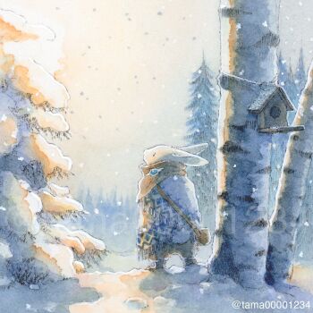 animal_focus artist_name birdhouse commentary_request highres no_humans original outdoors rabbit snow snowing tama_(amedamadou) tree winter