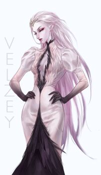 1girl absurdres breasts cleavage demon_girl dress hands_on_own_hips hellaverse helluva_boss highres humanization long_hair pale_skin solo stella_(helluva_boss) velzey very_long_hair white_dress white_hair