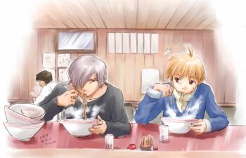 Rule 34 | 00s, 3boys, ^^^, ahoge, air (visual novel), bowl, chopsticks, company connection, crossover, eating, food, hair over one eye, indoors, kanon, key (company), kitagawa jun, kunisaki yukito, male focus, misaki juri, misaki kisato, multiple boys, noodles, ramen, steam, upper body