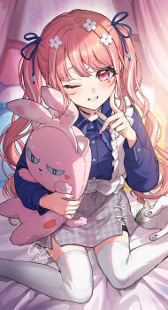 1girl blue_bow blue_choker blue_shirt blush bow cat choker grey_skirt hair_ornament hairclip highres holding holding_stuffed_toy indoors long_hair long_sleeves looking_at_viewer multicolored_hair one_eye_closed original pink_eyes pink_hair plaid_clothes plaid_skirt shinishi_chiho shirt sitting skirt smile solo sticker sticker_on_face streaked_hair stuffed_animal stuffed_toy thigh_strap thighhighs twintails wariza white_hair white_thighhighs