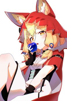 Rule 34 | 1girl, absurdres, animal ear fluff, animal ears, apple, arknights, arknights: endfield, black gloves, blonde hair, blue apple, blush, cape, commentary request, dress, ears through headwear, fingerless gloves, food, fruit, gloves, highres, holding, holding food, holding fruit, hood, hood up, hooded cape, knee up, looking at viewer, low-tied sidelocks, open mouth, partial commentary, red cape, rossi (arknights), sidelocks, simple background, solo, teeth, upper teeth only, white background, white dress, wolf ears, wolf girl, yellow eyes, zi yang xing hu luo bei