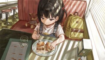 1girl backpack bag black_eyes black_hair booth_seating child closed_mouth denim diner female_focus food fork glass highres holding holding_fork menu one_side_up original overalls plate restaurant sero3eta shirt solo stuffed_animal stuffed_toy t-shirt teddy_bear unworn_backpack unworn_bag white_shirt window_shadow