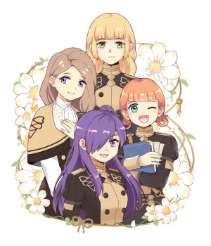 4girls :d ;d annette_fantine_dominic ascot blonde_hair blue_eyes book breasts female_shez_(fire_emblem) fire_emblem fire_emblem:_three_houses fire_emblem_warriors:_three_hopes garreg_mach_monastery_uniform green_eyes hair_bun hair_over_one_eye holding holding_book hugging_book hugging_object ingrid_brandl_galatea long_hair long_sleeves looking_at_viewer mercedes_von_martritz multiple_girls nintendo one_eye_closed open_mouth orange_hair purple_eyes purple_hair short_hair single_hair_bun smile table34 tongue upper_body white_ascot